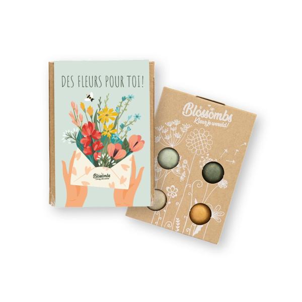 Blossombs - Coffre cadeau mini - 4 bombes à graines - Des fleurs pour toi - BIO - face recto